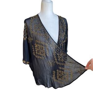 Anthropologie Fei Black Gold Beaded Open Cardigan Duster